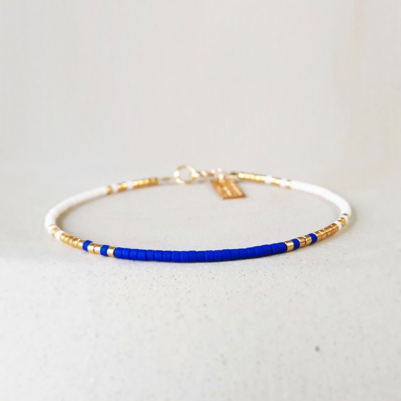 Beaded Bracelet - White, Gold and Blue